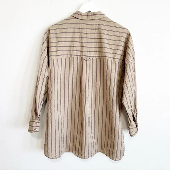 BOGO! Anthropologie Pilcro Boyfriend Button Down Oversized Tan Stripe Size XS - Picture 6 of 9